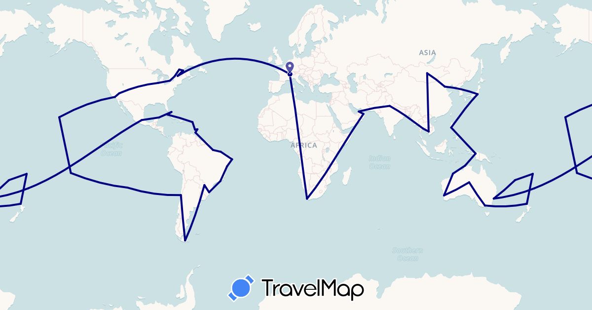 TravelMap itinerary: driving in United Arab Emirates, Argentina, Australia, Barbados, Brazil, Bahamas, Canada, Switzerland, Chile, China, Cuba, Fiji, France, Indonesia, India, Japan, Cambodia, Mongolia, Mexico, New Zealand, Oman, Philippines, Thailand, Trinidad and Tobago, United States, Saint Vincent and the Grenadines, South Africa (Africa, Asia, Europe, North America, Oceania, South America)